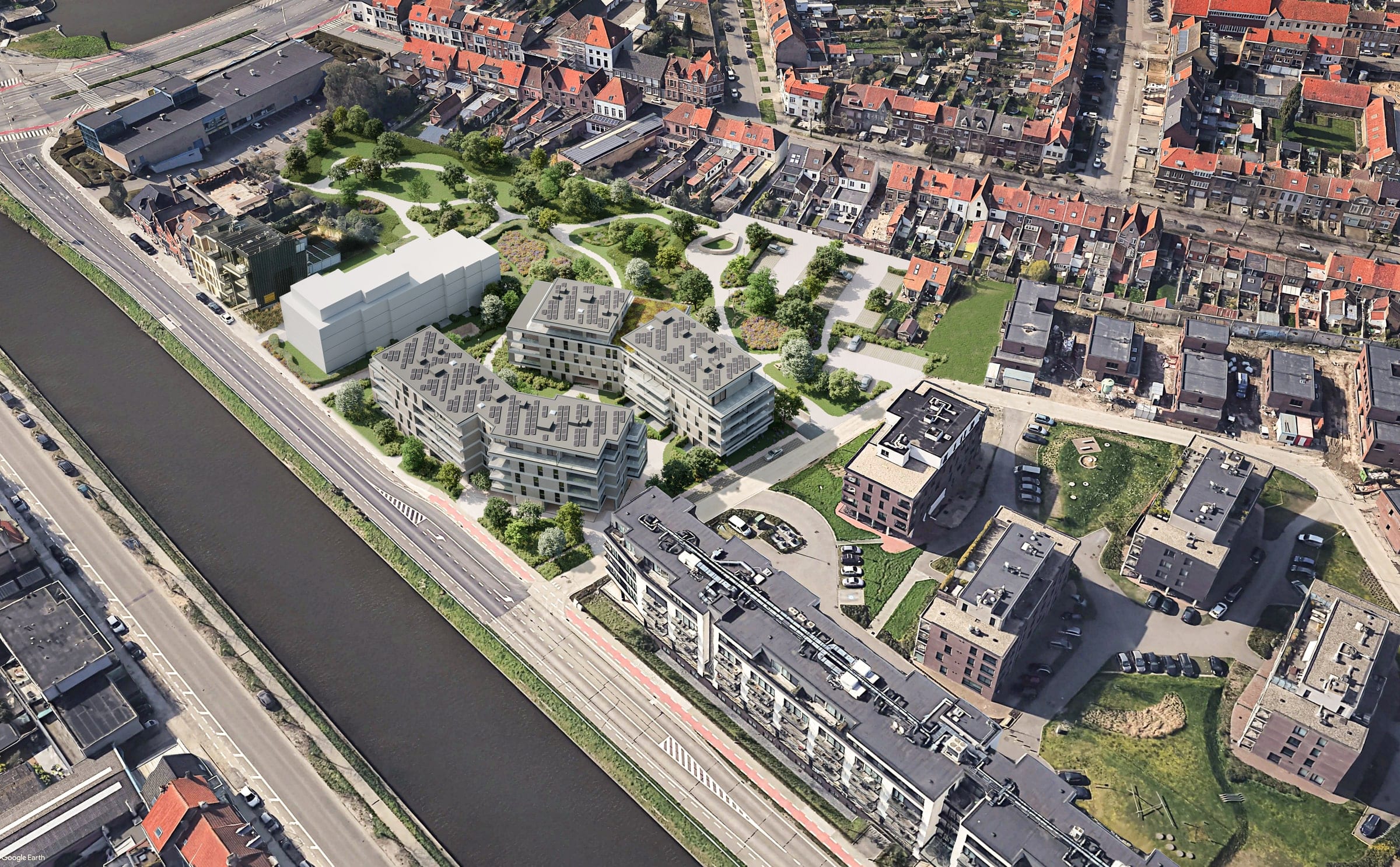 Luchtbeeld van Waterfront tussen de Noorweegse Kaai, Damse Vaart en het park