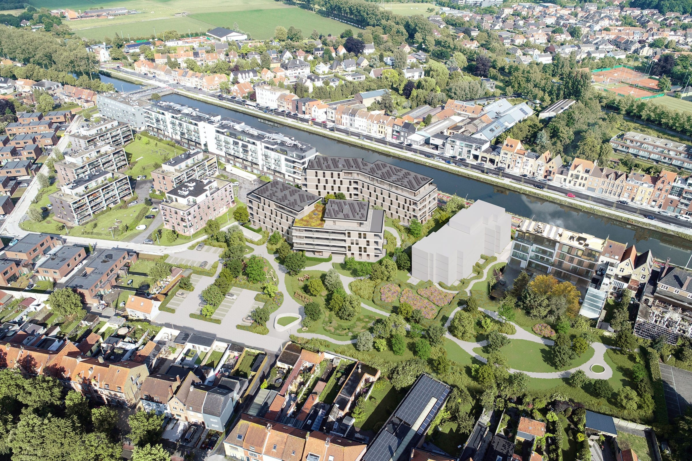 Waterfront gezien vanuit het park met de Damse Vaart en Brugge in de omgeving